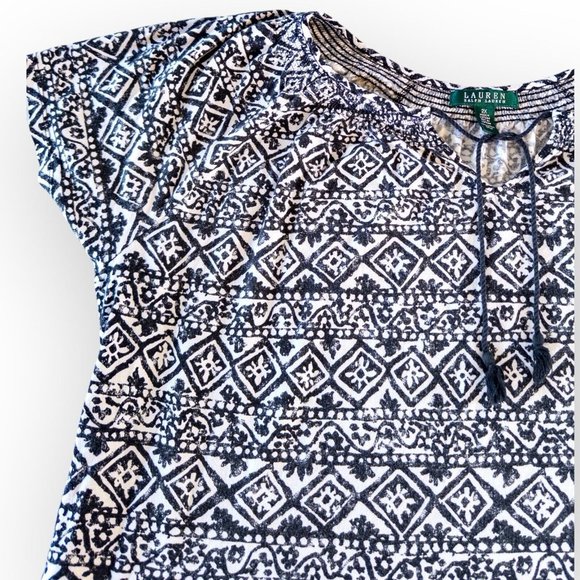 Lauren Ralph Lauren Women’s Aztec Print Short Sleeve Top Navy/White Size 2X - Picture 2 of 5